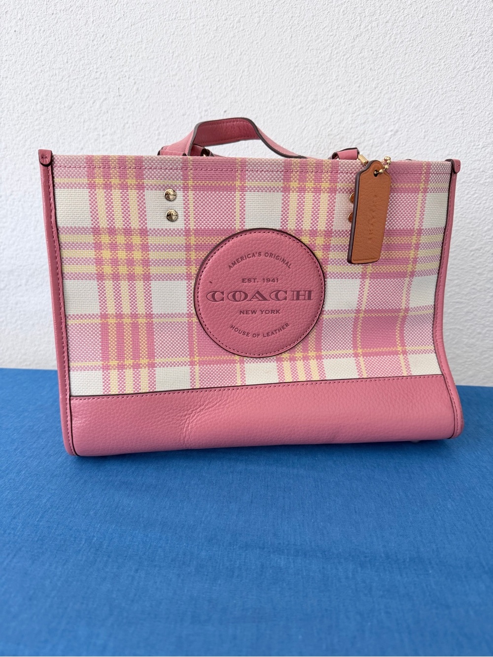 COACH Pink Plaid Canvas and Leather Satchel with Tan Hang Tag